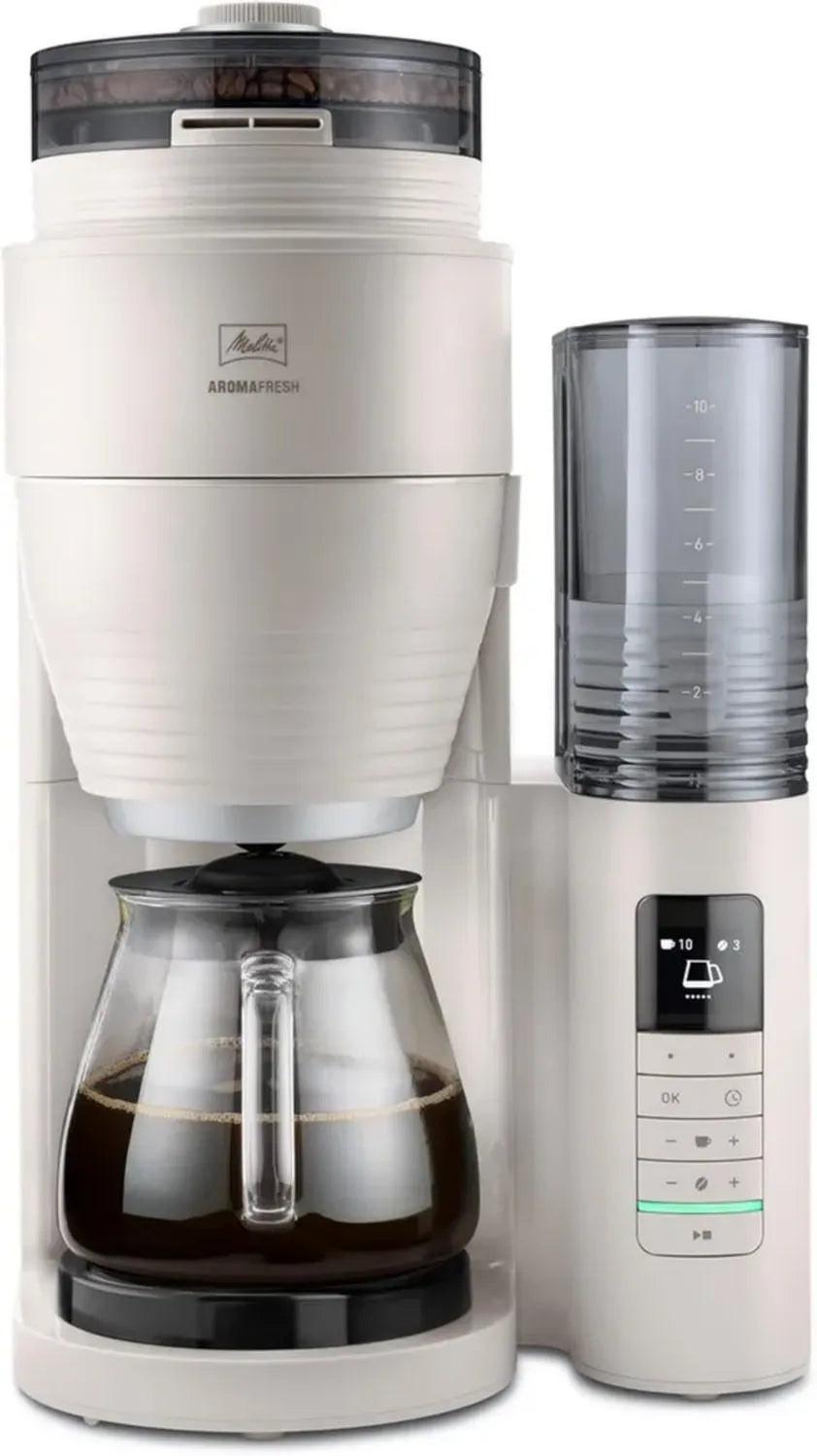 Melitta AromaFresh Pro – Kaffeemaschine mit Mahlwerk und Timer, Glaskanne, 10 Tassen, Grau