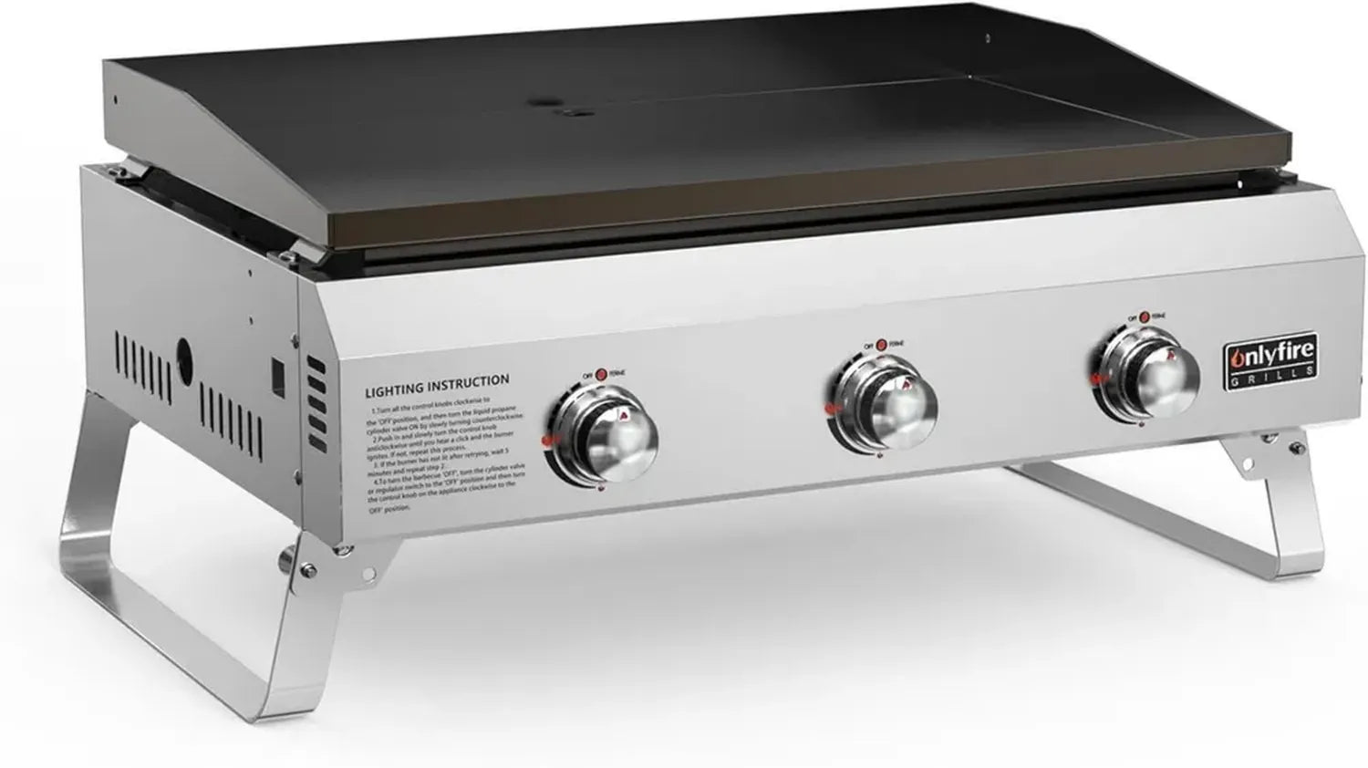 onlyfire Kompakter Tischgasgrill mit 3 Edelstahlbrennern und Keramikbeschichteter Grillplatte, Perfekt für Camping und Balkon, Grillfläche 57x36 cm, 7,03 kW